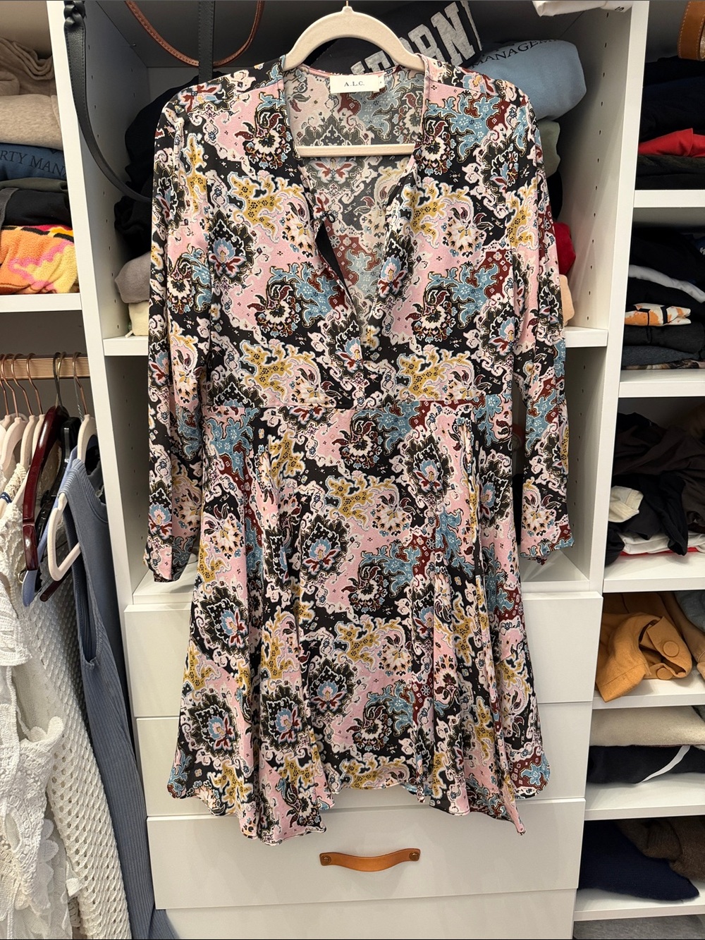 A.L.C. Pink Paisley-Print Long Sleeve Wrap Dress